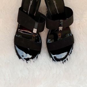 Bebe Black Patent Wedge Slide Sandals
